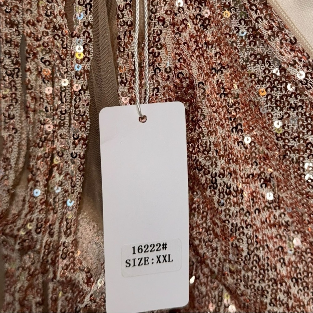 Rose Gold Sequin Maxi Dress with V-Neck and Sheer Tiered Sleeves - Picture 7 of 8